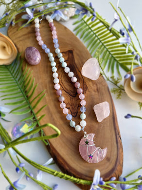 Moonglow - 17” Choker - 8mm Rose Quartz, Green Moonstone, Blue Chalcedony, Mystic Aquamarine, Kunzite - Rose Quartz Moon Pendant