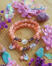 Load image into Gallery viewer, Ostara Bracelet - 8mm Coral Selenite, Czech Glass, Mother of Pearl Bunny &amp; Pink Shell Flower Charm - Stretch Mala Bracelet