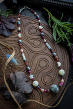 Load image into Gallery viewer, Dancing in Moonlight Necklace 17” - Garnet, Ruby, Freshwater Pearl, Rhodonite, Mother of Pearl, Iolite - Labradorite Focal
