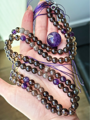 Smoky Obsidian, Smoky Quartz, Amethyst, Moonstone - 108 Mala Necklace - Amethyst Focal