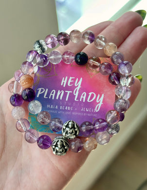 Zen Buddha - Hill Tribe Silver Buddha + Hematoid Amethyst - 8mm Gemstone Bracelet