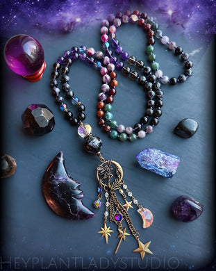 Woodland Fairy Necklace - Mystic Merlinite, Moss Agate, Hessonite Garnet, Iolite, Aura Quartz, Chevron Amethyst, Mystic Agate, Obsidian - Mystic Merlinite Focal + Vintage Brass + Swarovski Charms