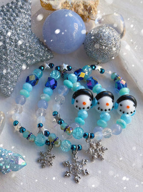 Frosty the Snowman Bracelet - Blue Chalcedony+ Aqua Mother of Pearl Rondelle + Preciosa Crystal + Lampwork Glass Snoman