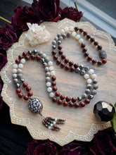 Load image into Gallery viewer, Yule Ember - 8mm Poppy Jasper, Moonstone, Terahertz, Silver Leaf Jasper - 108 Mala Necklace - CZ Focal - Garnet Tassel