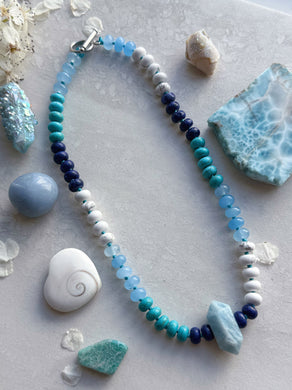 Seaspray - 16” Necklace - 8mm Candy Jade, Quartz, Jasper Rondelle + Aquamarine Pendant