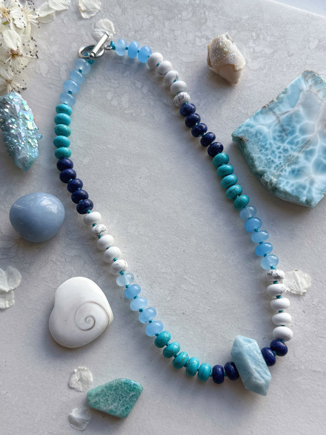 Seaspray - 16” Necklace - 8mm Candy Jade, Quartz, Jasper Rondelle + Aquamarine Pendant