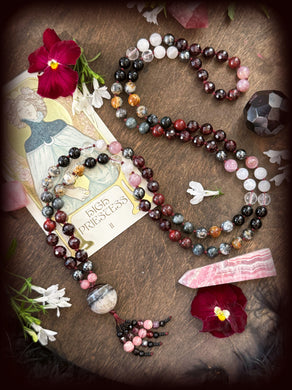 Persephone Mala - 8mm - Rhodochrosite, Garnet, Hematite, Eagle Eye, Poppy Jasper, Clear Quartz, Rose Quartz, Dendritic Agate, Onyx - 108 Mala Necklace - Banded Agate Focal