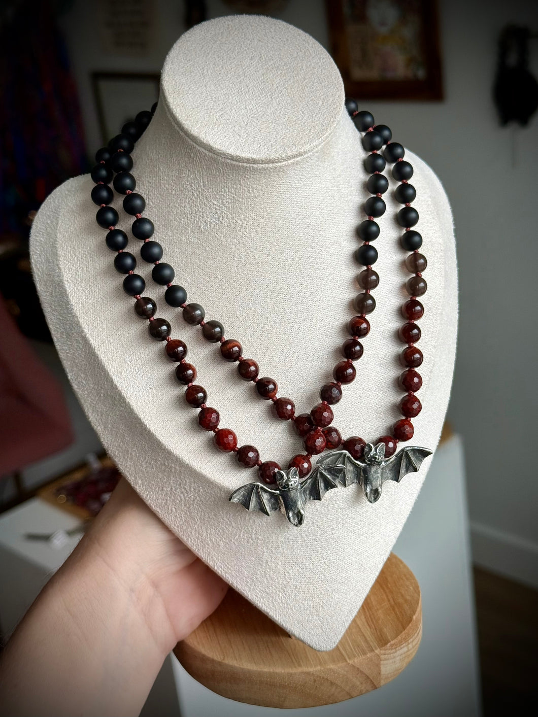 (TWO)🦇 Blood Moon - 16” Chokers Apple Jasper, Burgundy Tigers Eye, Matte Onyx - Pewter Bat focal