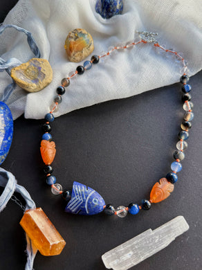 Piscean Relic - 16” Choker - 8mm Clear Quartz, Stormline Agate - Carnelian Fish, Lapis Lazuli Fish