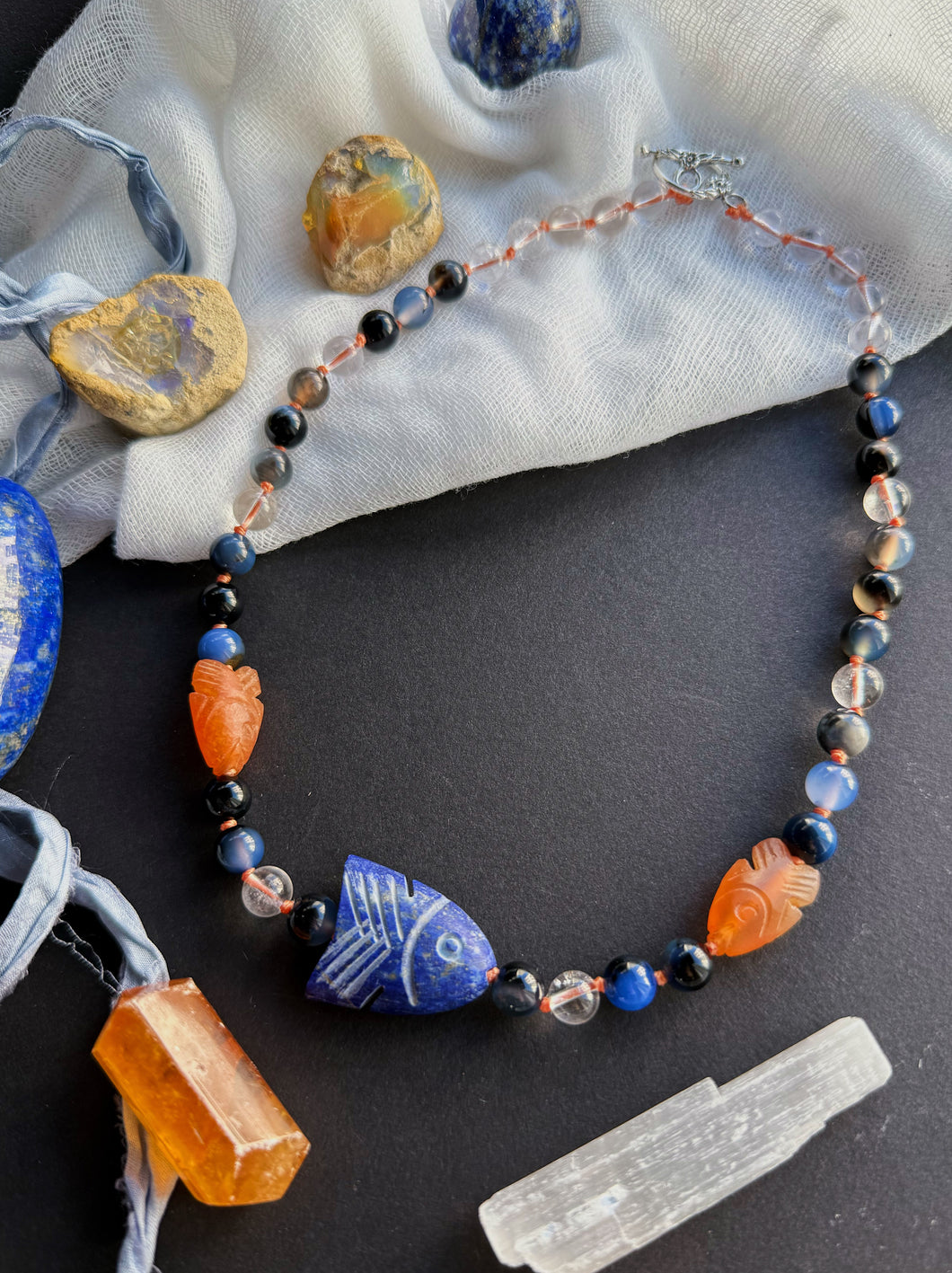 Piscean Relic - 16” Choker - 8mm Clear Quartz, Stormline Agate - Carnelian Fish, Lapis Lazuli Fish