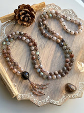 Load image into Gallery viewer, Clear Mind // Positive Thoughts -  108 Mala Bead Necklace - Brown Sunstone, Labradorite,  Mystic Lavender Quartz, Smoky Quartz Focal - Beaded Tassel