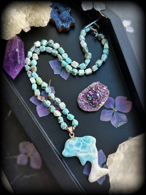 Dolphin Cove Necklace - 19” - 6mm Larimar  - Sterling Silver Carved Larimar Dolphin Pendant