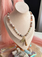 Load image into Gallery viewer, Golden Tide - 18” Necklace - Botswana Agate, Mother of Pearl Stars + Glass Pearl + Shell Focal