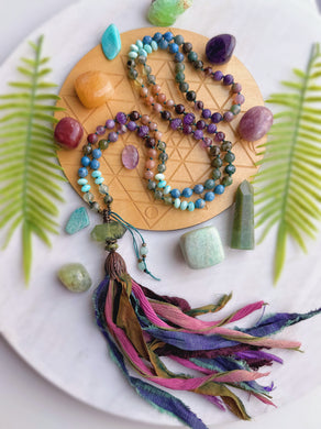 Thistledew Hollow - Double Terminated Prehnite Focal - 108 Mala Necklace - Sari Silk tassel