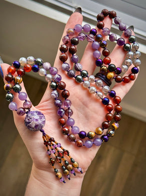 🎭 Midnight Masquerade - 8mm - Apple Jasper, Lepidolite, Hematite, Amethyst, Mystic Smoky Quartz, Mystic Tigers Eye - 108 Mala Necklace - Amethyst Focal - Beaded Tassel