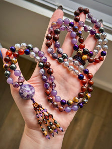 🎭 Midnight Masquerade - 8mm - Apple Jasper, Lepidolite, Hematite, Amethyst, Mystic Smoky Quartz, Mystic Tigers Eye - 108 Mala Necklace - Amethyst Focal - Beaded Tassel