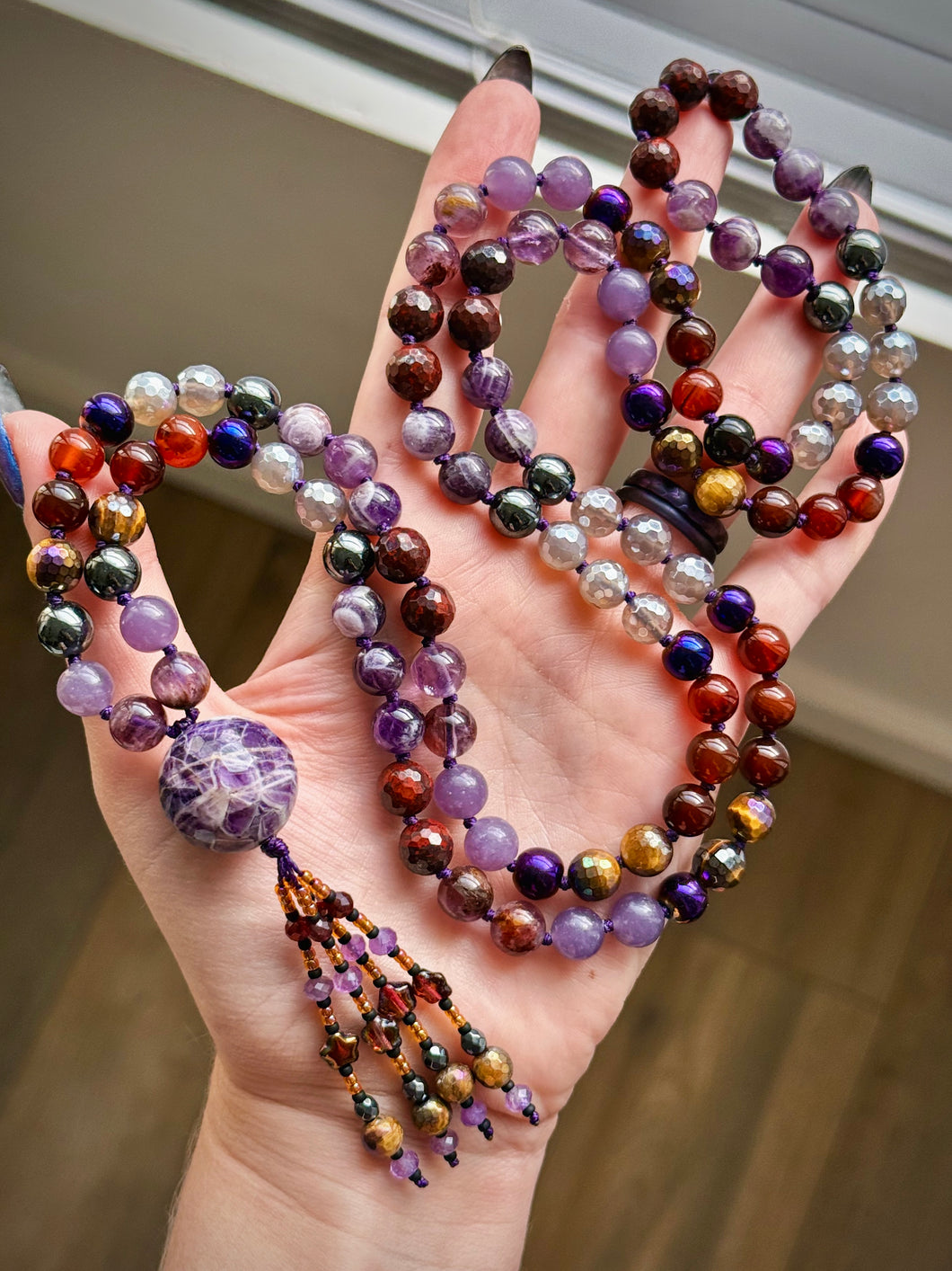 🎭 Midnight Masquerade - 8mm - Apple Jasper, Lepidolite, Hematite, Amethyst, Mystic Smoky Quartz, Mystic Tigers Eye - 108 Mala Necklace - Amethyst Focal - Beaded Tassel