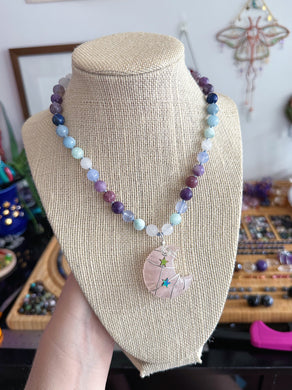 RESERVED - 16” Choker - 8mm Rose Quartz, Green Moonstone, Blue Chalcedony, Lepidolite, Aquamarine, Lapis Lazuli - Rose Quartz Moon Pendant