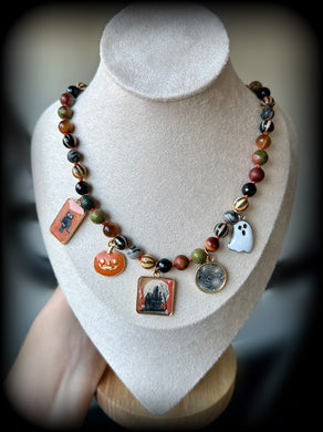 Ghouls in the Graveyard - 16” Red Creek Jasper, Striped Tibetan Agate, Spiderweb Jasper, Unakite, Onyx, Tigers Eye + Spoooooky Charms