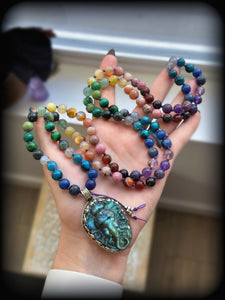 RESERVED Energy Shift - 108 Rainbow Gemstone Mala Necklace - Tibetan Style Labradorite Ganesha Carving