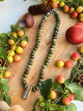 Midnight Mandrake - 20” African Bloodstone Rondelle + Petrified Wood Point Pendant