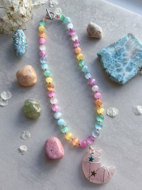 Dewdrops - 16” Choker  - 8mm Rainbow Selenite - Rose Quartz Moon Pendant