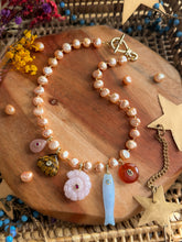 Load image into Gallery viewer, Golden Hour - 16” Necklace Peach Freshwater Pearls - Gemstone Carved Charms + 14k Gold Plated Accents