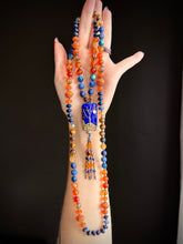 Load image into Gallery viewer, 🪾🌕 Spell of the Harvest Moon - 8mm - Carnelian, Lapis Lazuli, Mystic Tigers Eye, Citrine - 108 Mala Necklace - Artisan Lampwork Focal - Lapis Beaded Tassel