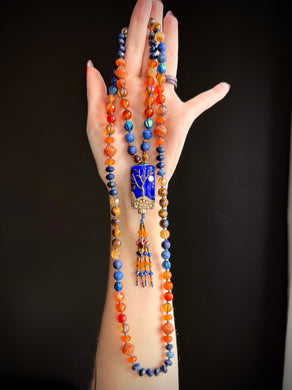 🪾🌕 Spell of the Harvest Moon - 8mm - Carnelian, Lapis Lazuli, Mystic Tigers Eye, Citrine - 108 Mala Necklace - Artisan Lampwork Focal - Lapis Beaded Tassel