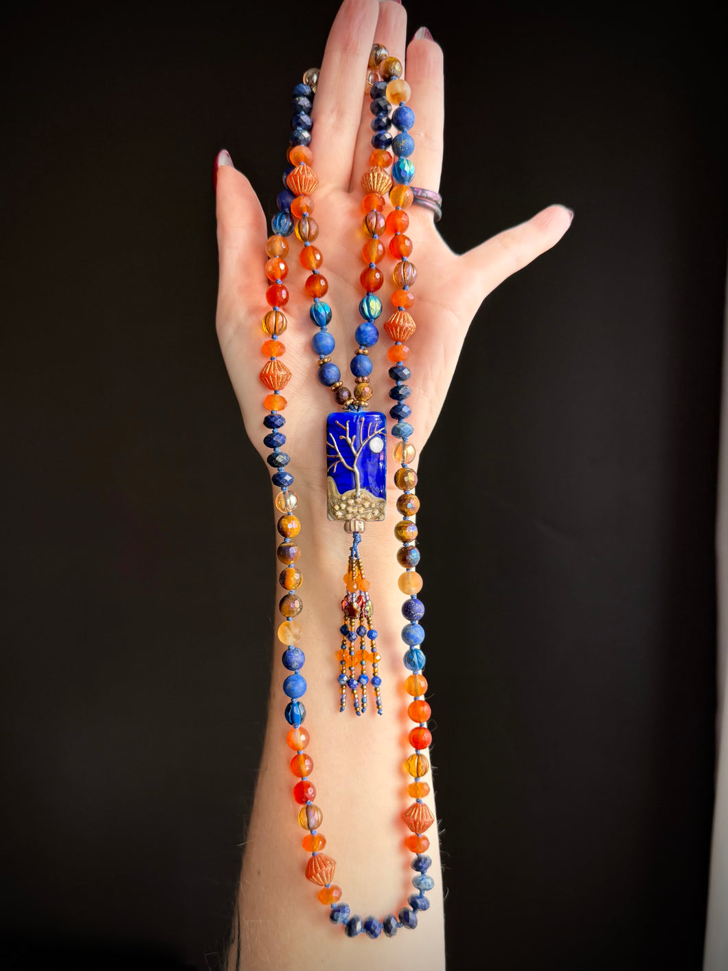 🪾🌕 Spell of the Harvest Moon - 8mm - Carnelian, Lapis Lazuli, Mystic Tigers Eye, Citrine - 108 Mala Necklace - Artisan Lampwork Focal - Lapis Beaded Tassel