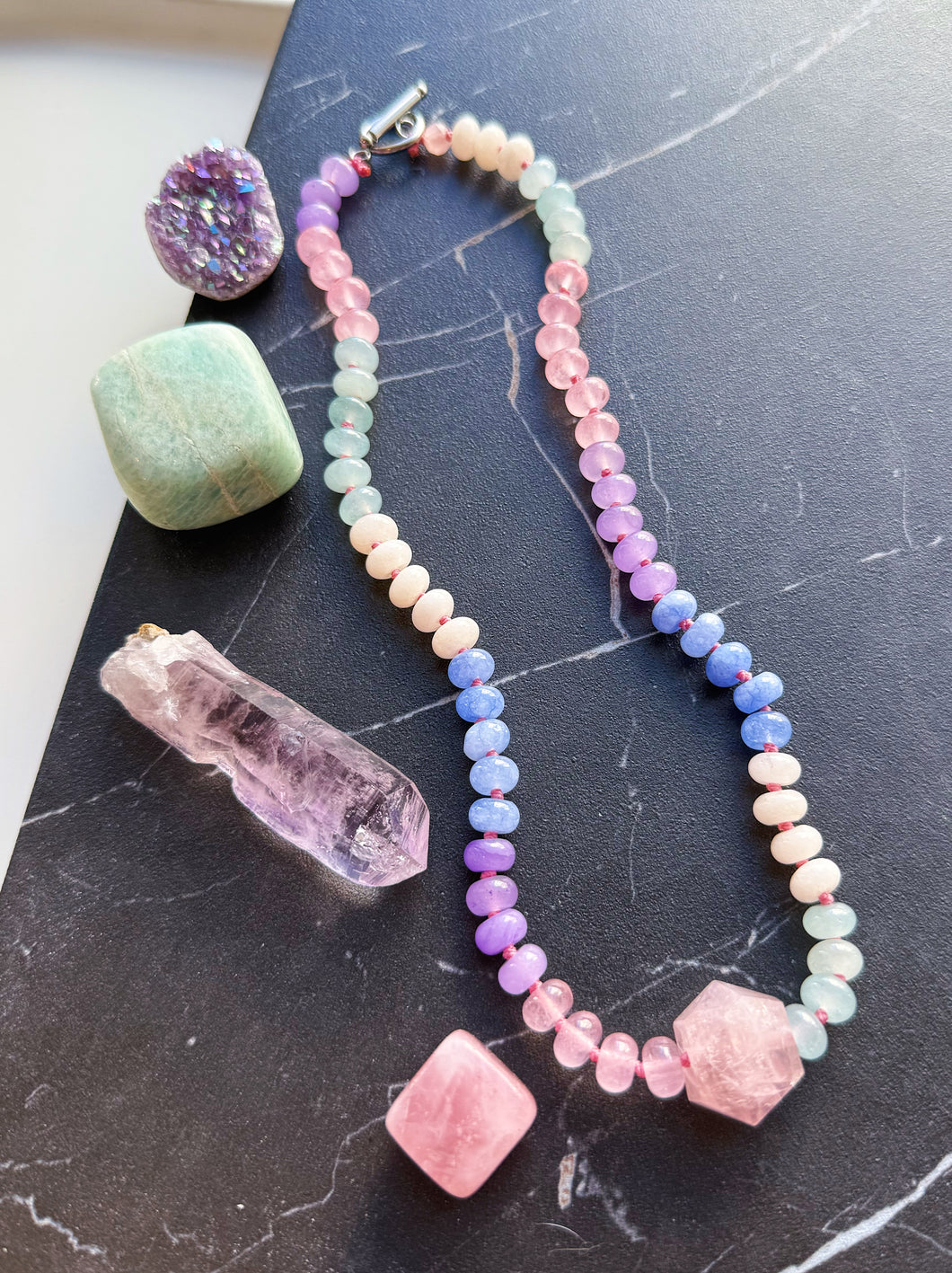 Sweet Cloud - 16” Necklace - Rose Quartz Point & 8mm Candy Jade Rondelle