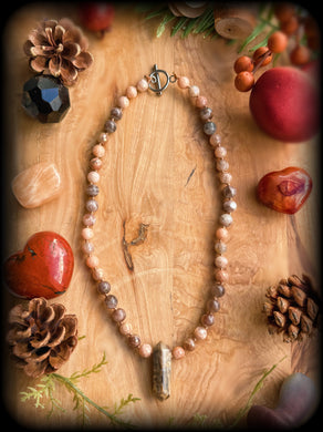 Celestial Harmony - 16” Choker - 8mm Mystic Moonstone & Chocolate Sunstone - Petrified Wood Point