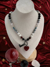 Load image into Gallery viewer, The Heartward Key - 17” Necklace - Freshwater Pearl, Garnet, Poppy Jasper, Agate, Hematite, Glass Pearl + Carnelian Heart Charm &amp; Antique Key