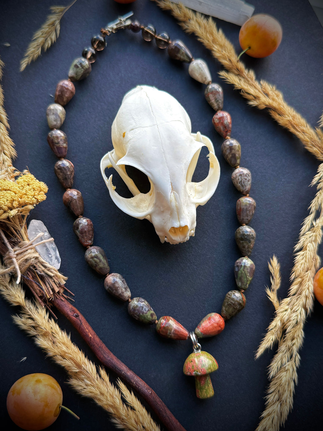 🧹Witch’s Grove - 17” Necklace Mushroom Jasper Facet Drops + Unakite Mushroom Pendant