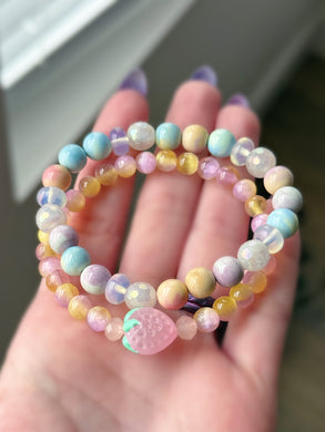 Sugar Stack - (2) Bracelet Set  - 8mm Watercolor Agate, Mystic Rose Quartz, Opalite, 6mm Selenite, Strawberry Accent