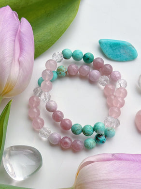 Love + Compassion - AAA Rose Quartz, AAA Peruvian Turquoise, Madagascar Rose Quartz, AAA Faceted Quartz, and Kunzite. Gemstone Bracelet