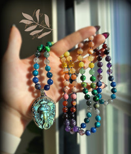 RESERVED Energy Shift - 108 Rainbow Gemstone Mala Necklace - Tibetan Style Labradorite Ganesha Carving