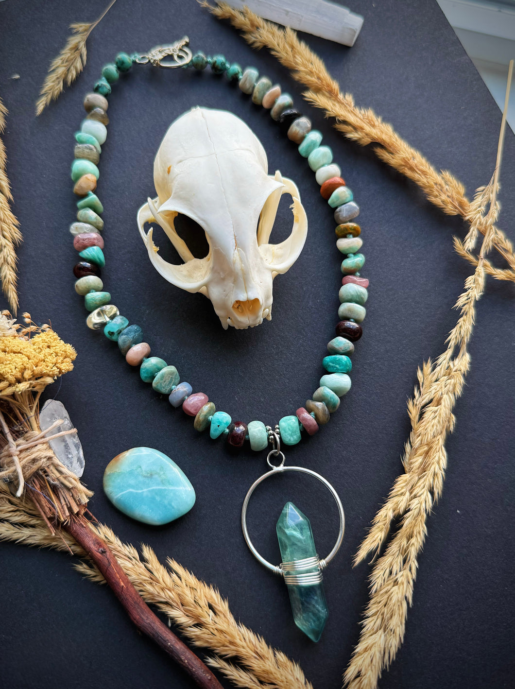 🧞‍♂️Oracle of Insight - 16” Choker - 8mm - Amazonite, Citrine, Labradorite, Garnet, Jasper Moonstone Rondelle - Fluorite Focal