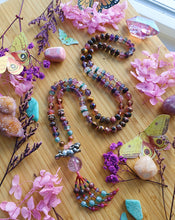 Load image into Gallery viewer, 🐇🪺 Ostara- 108 Mala Necklace - 8mm Fluorite, Rose Quartz, Tigers Eye, Rhodonite, Strawberry Quartz - Pewter Rabbit &amp; Amethyst Focal