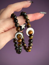 Load image into Gallery viewer, Golden Eclipse Bracelet - 8mm Tigers Eye + Mother of Pearl Moon - Stretch Mala Bracelet
