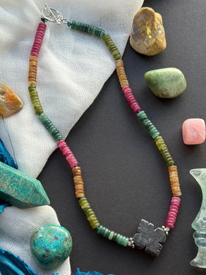 Painted Earth - 17” Choker - Heishi Quartz + Carved Onyx Focal