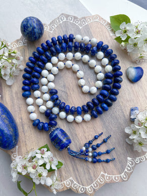 Midnight Skies - 10mm Lapis Rondelle, 8mm Mother of Pearl, Lapis Focal - 108 Mala Bead Necklace