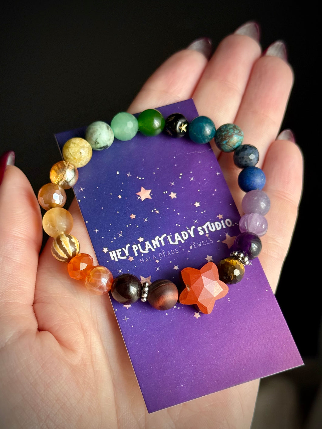 Autumn Rainbow 🍂🍁🌈 - Red Jasper Star Focal - 8mm Rainbow Gemstone Stretch Mala Bracelet