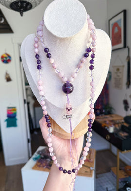 RESERVED Rose Quartz, Amethyst, Kunzite, Clear Quartz Mala - 8mm - 108 Mala Necklace - Amethyst Focal