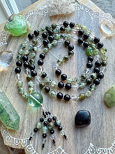 Load image into Gallery viewer, Healing &amp; Grounding - 8mm Prehnite, Black Tourmaline, Clear Quartz - 108 Mala Necklace - Rainbow inclusion Fluorite Focal +  Diamond cut Tourmaline tassel