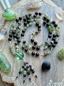 Healing & Grounding - 8mm Prehnite, Black Tourmaline, Clear Quartz - 108 Mala Necklace - Rainbow inclusion Fluorite Focal +  Diamond cut Tourmaline tassel