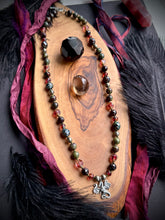 Load image into Gallery viewer, Ember Dragon - 21” Necklace 8mm Garnet, Dragons blood Jasper, Pyrite, Czech Glass + 925 Sterling Dragon Focal