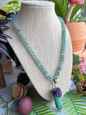 Nimbleroot - 20” Necklace - 8mm Green Aventurine Rondelle + Green Aventurine & Amethyst Moon Pendant