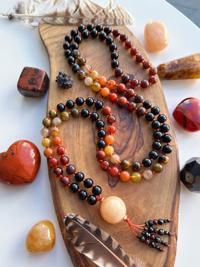 The Golden One - Onyx, Hessonite Garnet, Opal, Aventurine, Carnelian, Golden Rutile Quartz, Pietersite - 108 Mala Necklace - Yellow Opal Focal