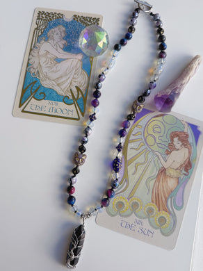 Midnight Whiskers 19” Choker - 8mm Opalite, Galaxy Jade, Galaxy Tigers Eye, Mystic Purple Agate, Czech Glass Cat & Moon Star Beads - Obsidian Point Pendant